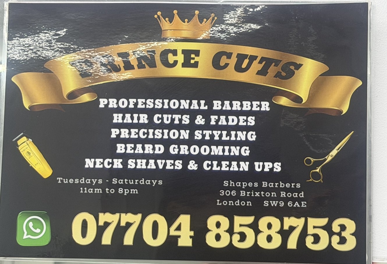 Prince Cuts professional barber services sign